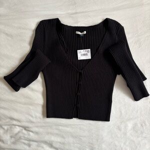 Black Ribbed Button-Up Cardigan